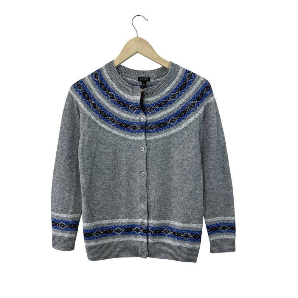 Talbots Petites Medium MP Cardigan Sweater Nylon Lambswool Gray Fair Isle Womens - Picture 1 of 14